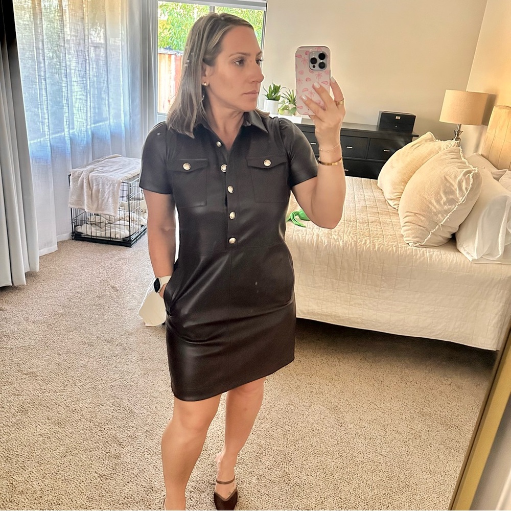 | loft • chocolate faux leather pocket mini dress • size 4 | - Picture 6 of 9